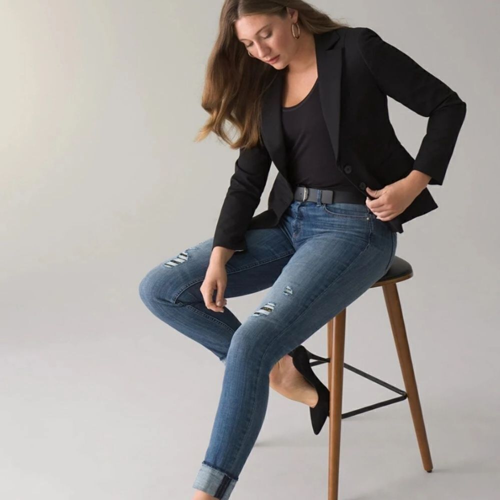 WHBM Curvy Mid Rise Everyday Soft Destructed Slim Jeans